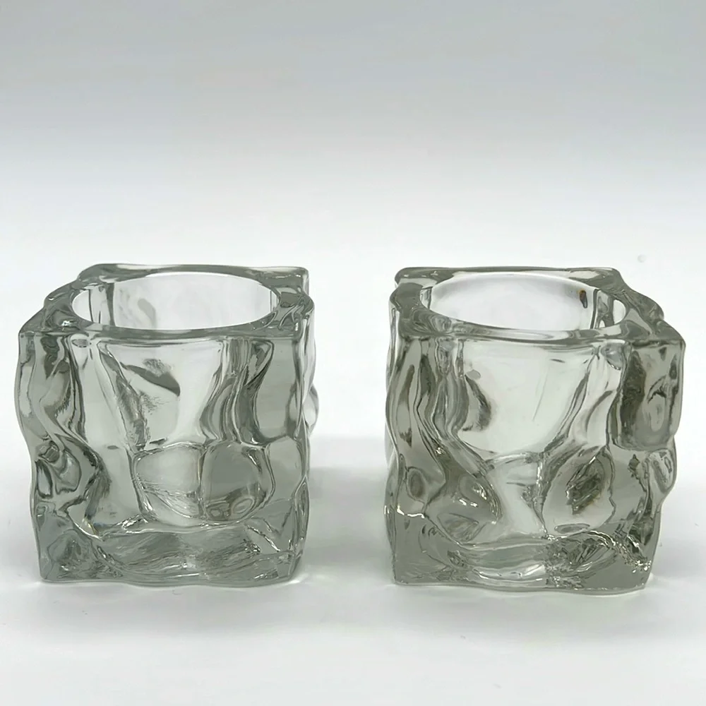 KIG Indonesia Heavy Ice Cube Square Crystal Votive Candle Holders (Set of 2)